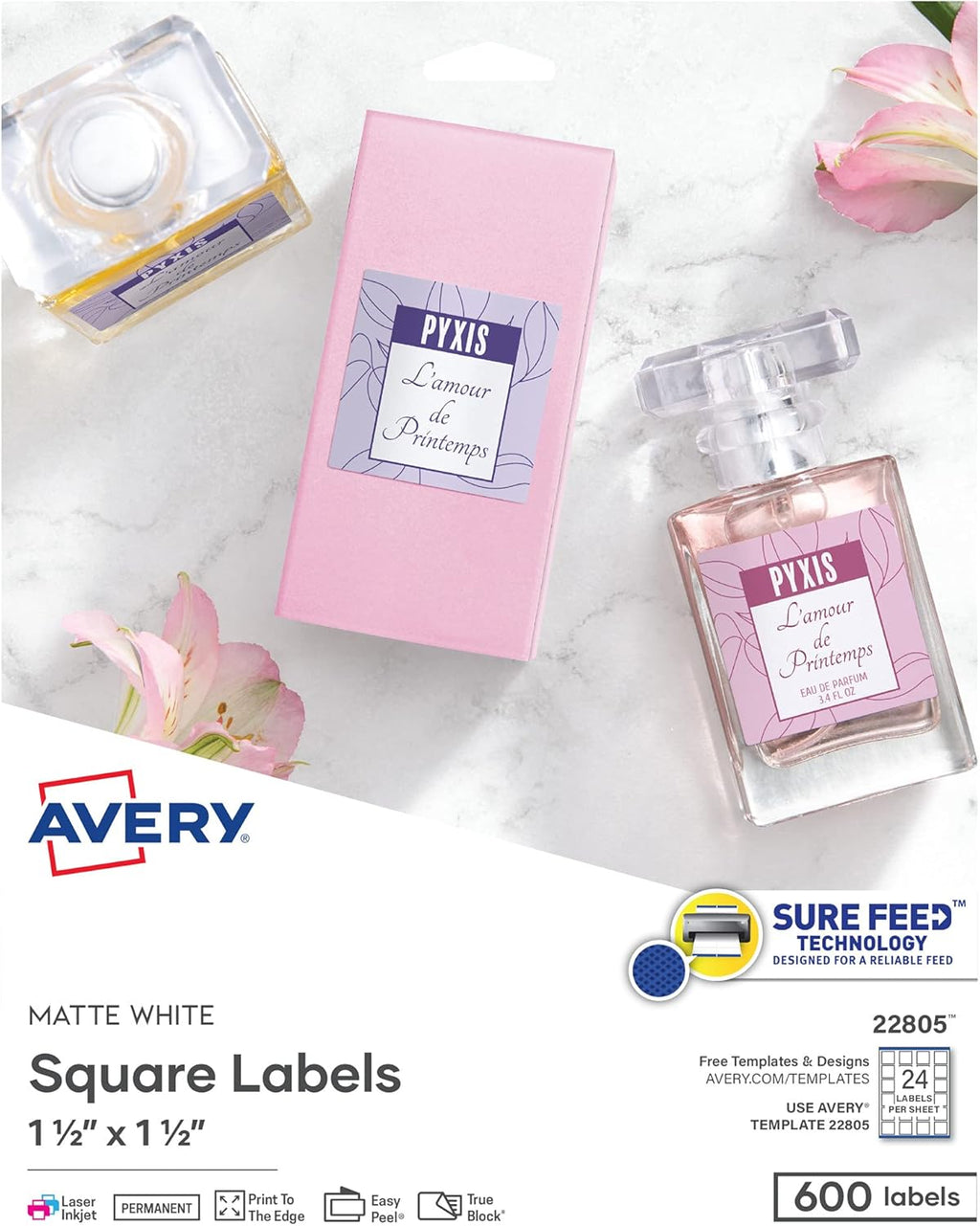 Avery® Printable Blank Square Labels, 1.5" x 1.5", Matte White, 600 Customizable Labels (22805)