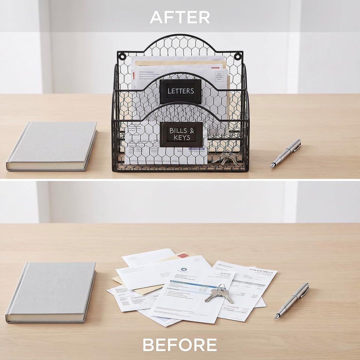 MyGift Black Mail Organizer, 2 Compartment Desk File Holder with Labels