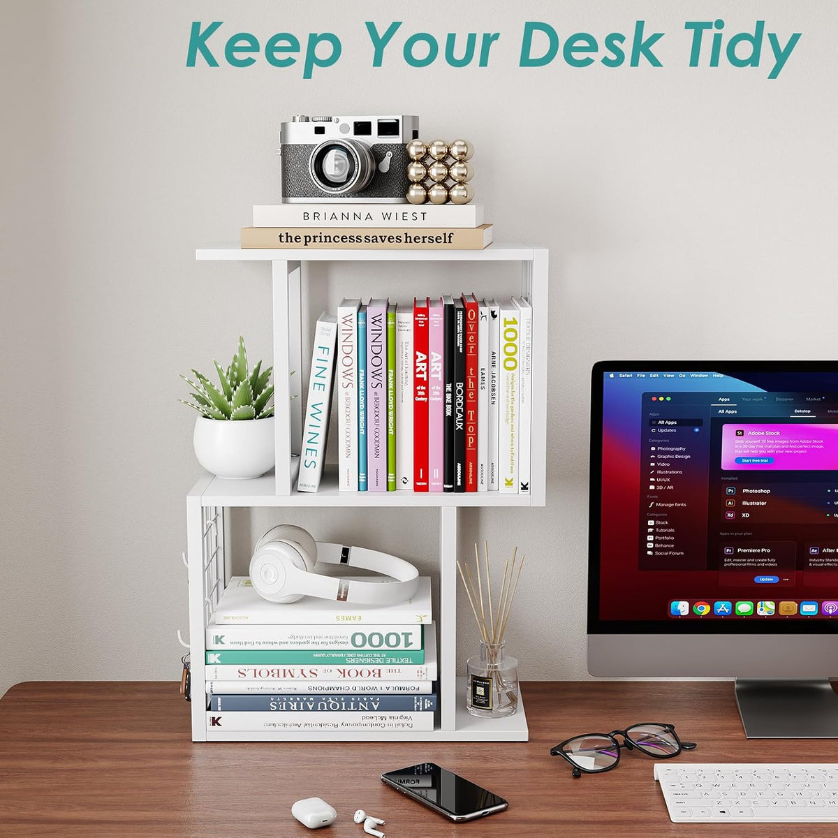 Small Desktop Bookshelf Organizer, White 3-Tier Desk Shelf with Metal Hook Wo...