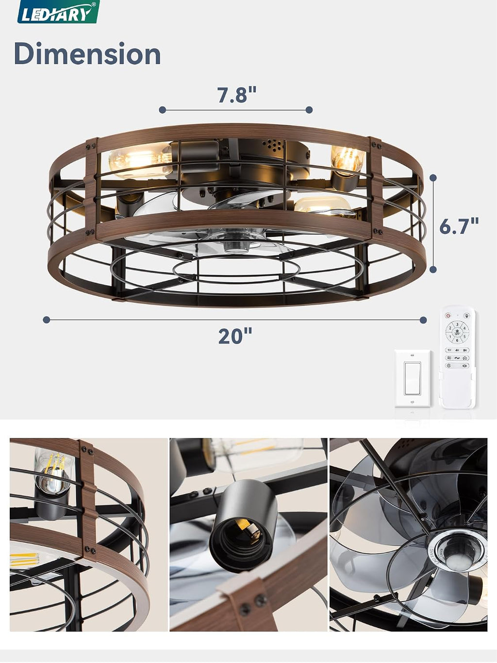 lediary 20" walnut caged low profile ceiling fan, package contents