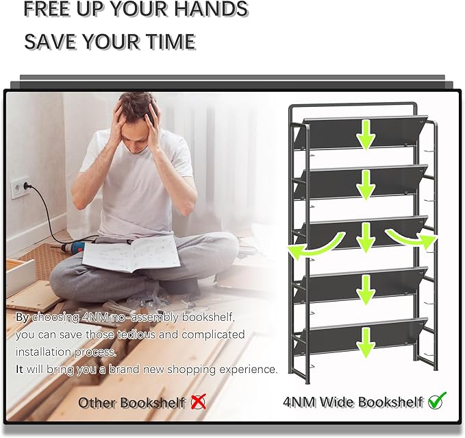 4NM No Assembly Extra Wide 5 Tiers Folding Bookshelf Storage Shelves Vintage - Image 6