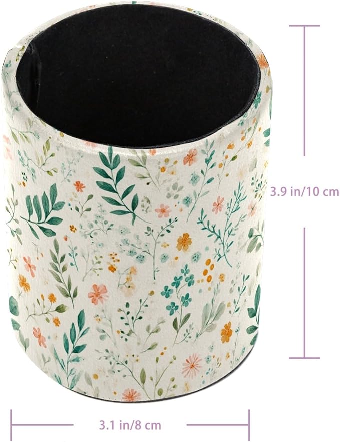 Leather Pen Holder for Desk Floral Leaf Pencil Cup Desktop Organizer Makeup - Image 3