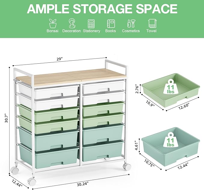 Rolling Storage Cart with 12 Drawers, Wooden Tabletop Utility Cart - Image 3
