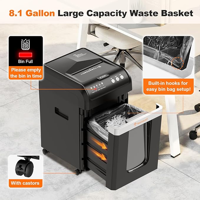 Bonsaii 200-Sheet Auto Feed Paper Shredder, 60-Min Nonstop Heavy Duty Shredders - Image 4