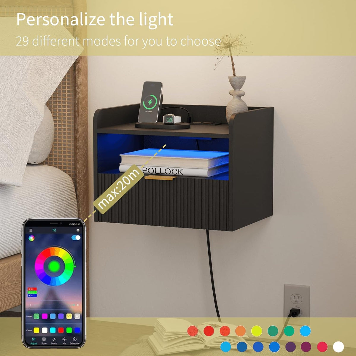 Veegle White Floating Nightstand with Charging Station and LED Lights (Black)