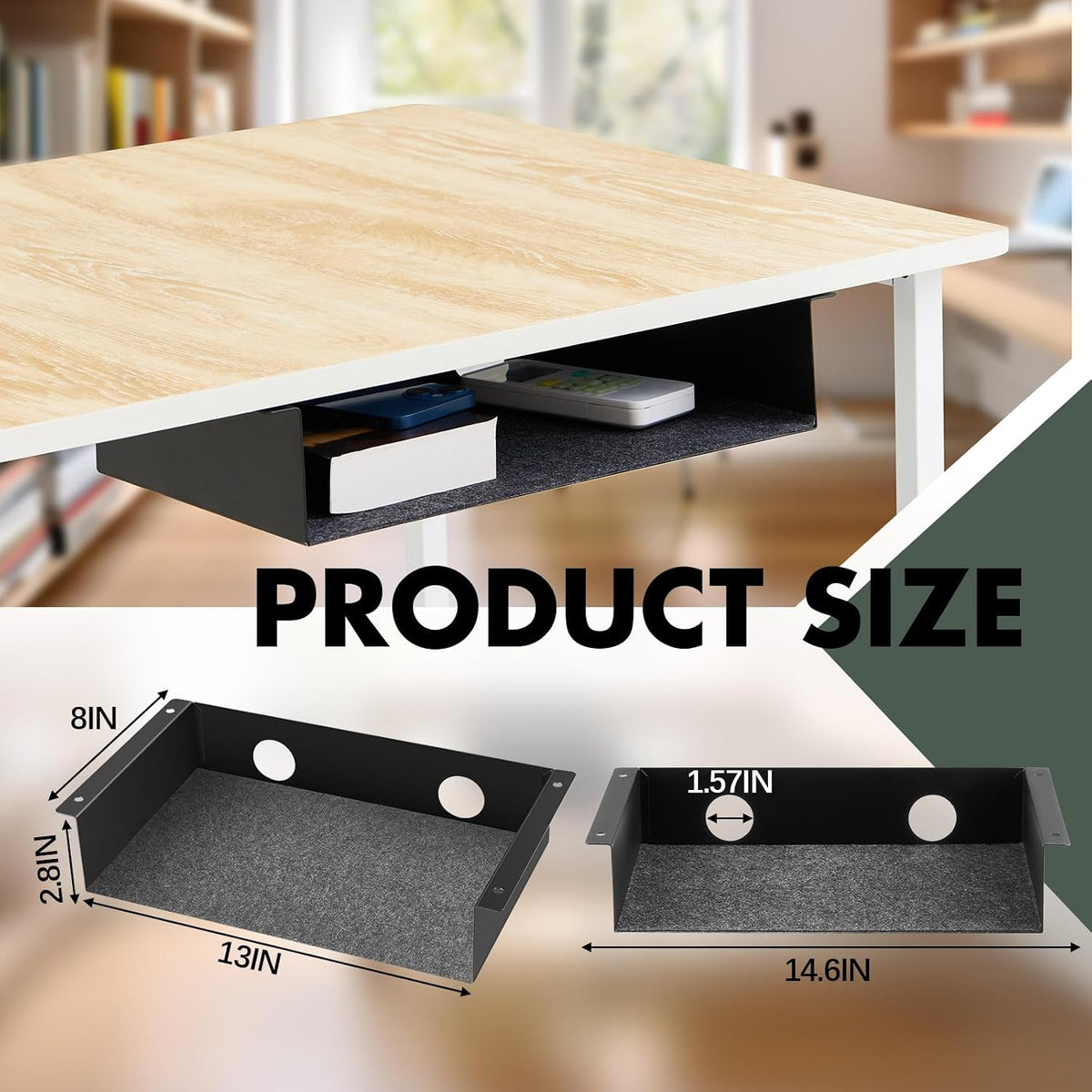 Yaocom 2 Pack Under Desk Hanging Shelf, Carbon Steel Storage Tray with Mute F...