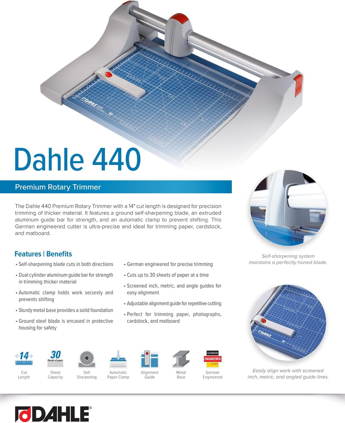 Dahle 440 Premium Rotary Trimmer, 14" Cut Length, 30 Sheet Capacity, Sel...