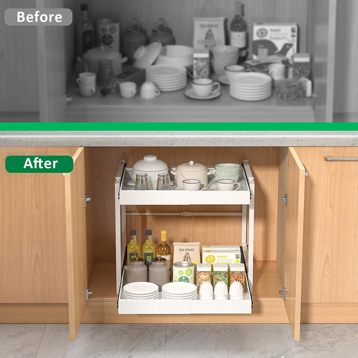 REALINN 2 Tier Pull Out Cabinet Organizer, 21 inch Depth Slide Out Shelves