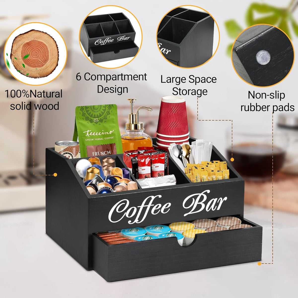 Coffee Bar Organizer Countertop, Wooden Bar Accessories With Drawer, Coffee S...
