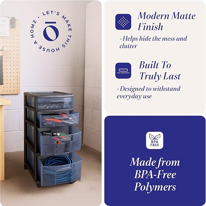 HOMZ 2-Pack Drawer Tower, 4-Tier Clear Plastic Storage Organizer Cart, and - Image 4