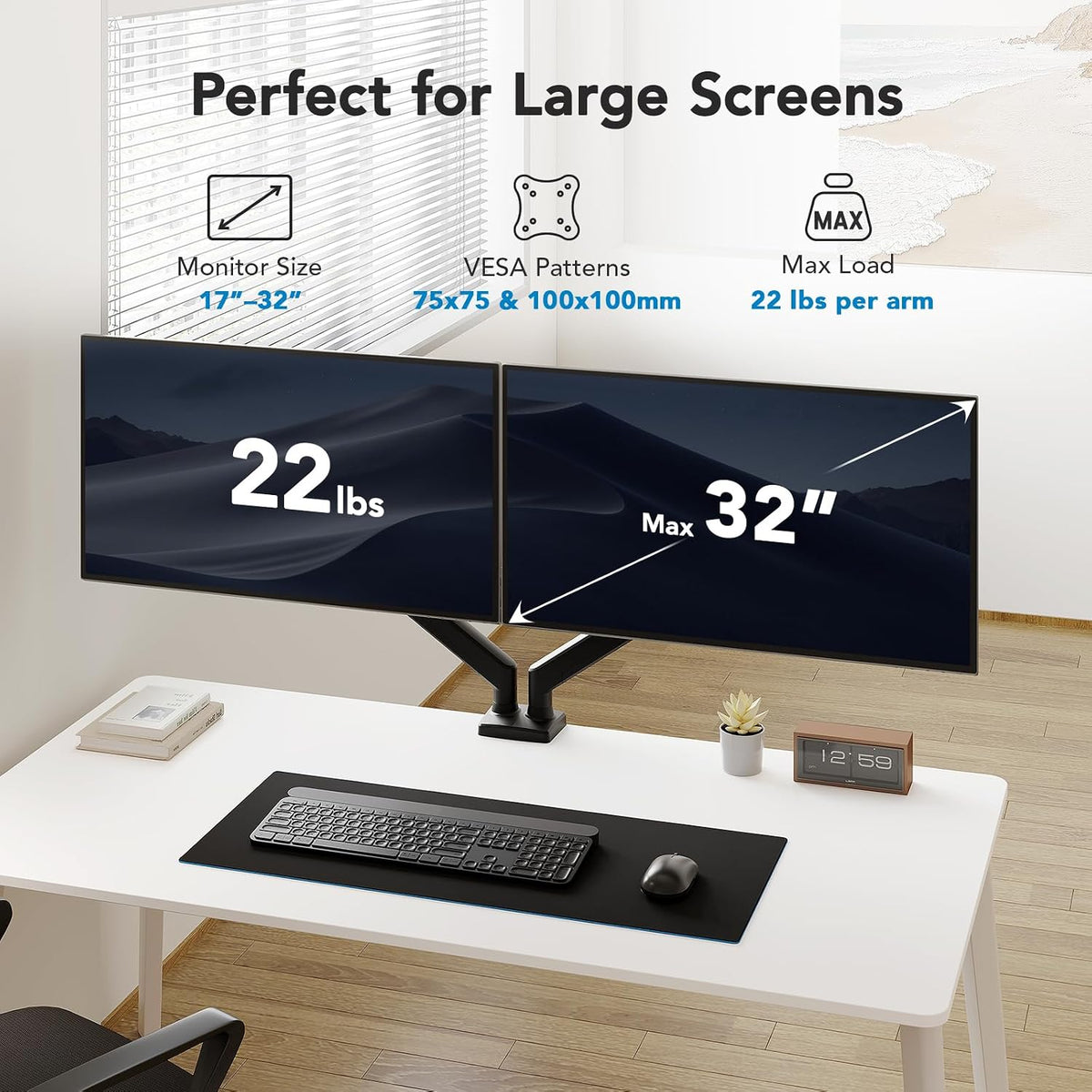 huanuo dual monitor mount for 2 monitors up shown in use