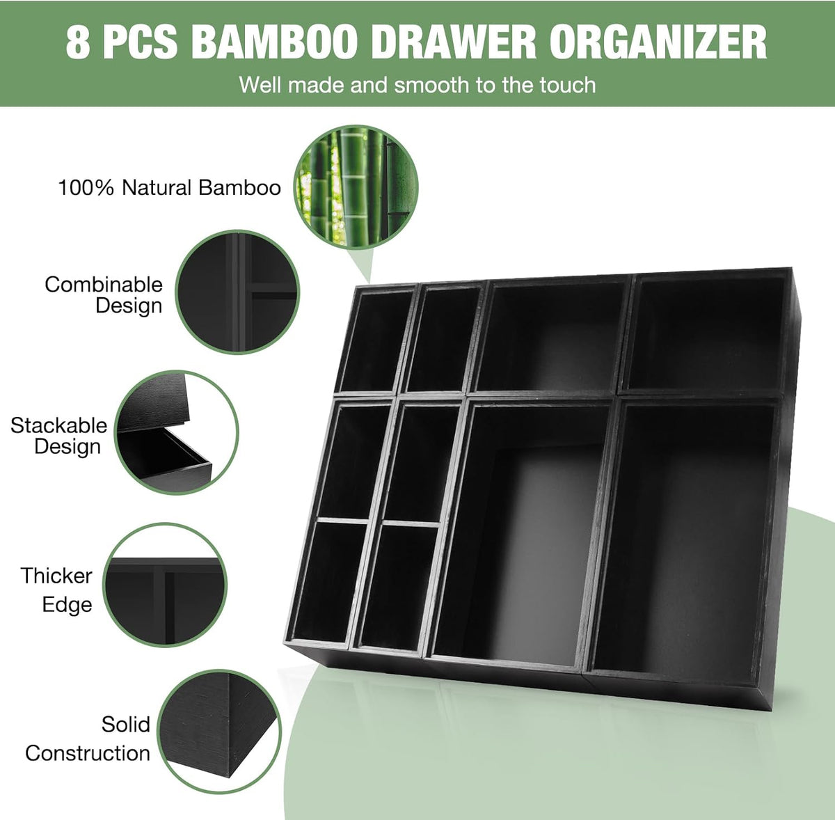 Bamboo Drawer Organizer Set, 8 PCS Black Multi-Use Drawer Storage Boxes, Junk...