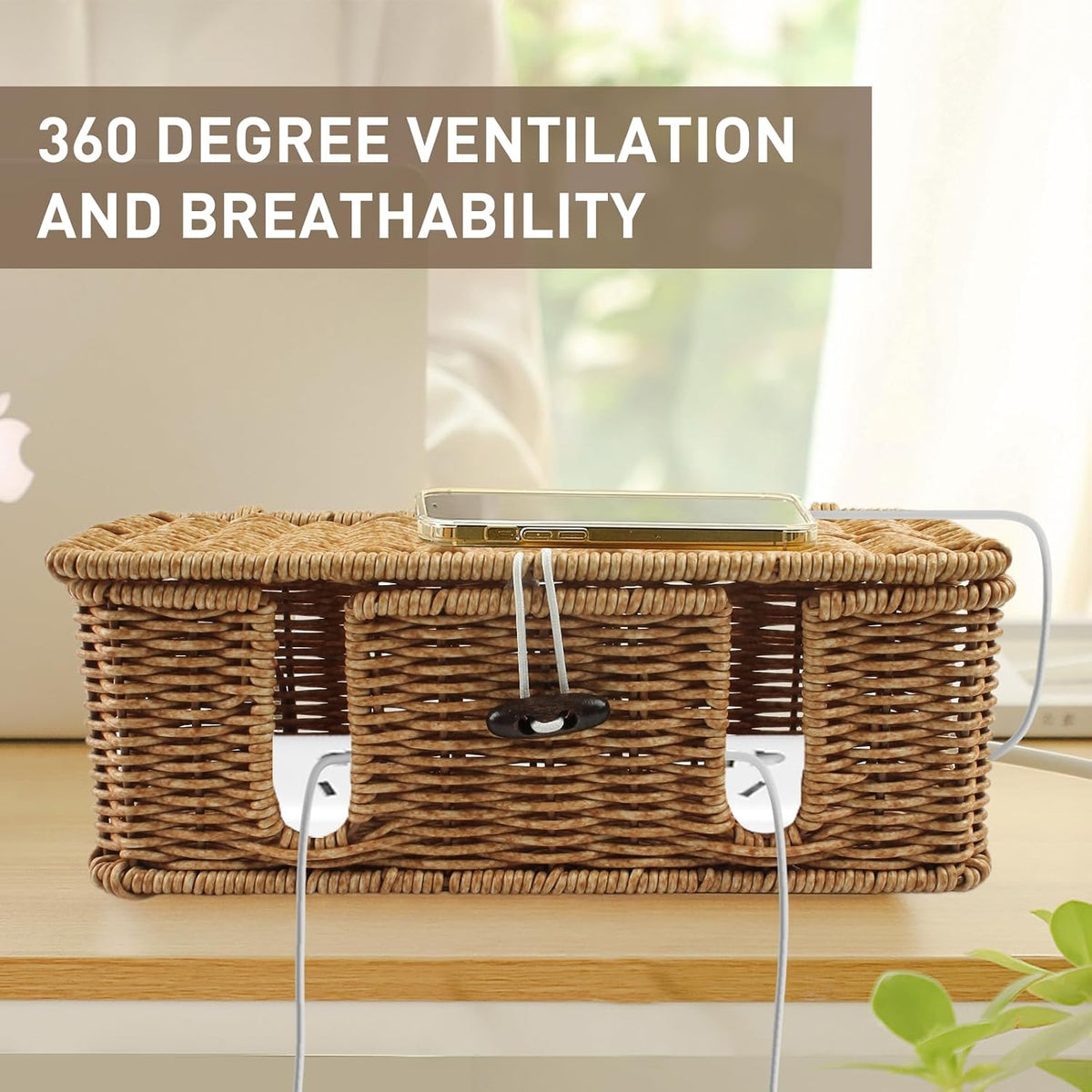 2 Pcs Large Rattan Cable Management Box, Cord Organizer Box with Lid Under De...