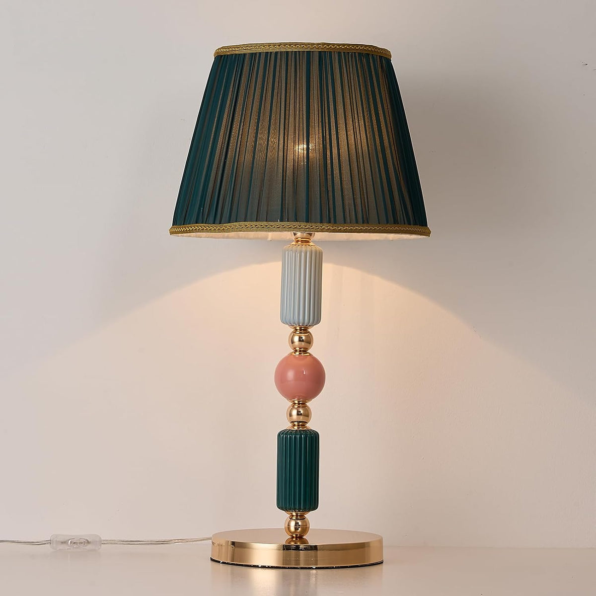 Green Fabric Shade Table Lamp Modern Metal Desk Lamp with Plug Cord Switch fo...