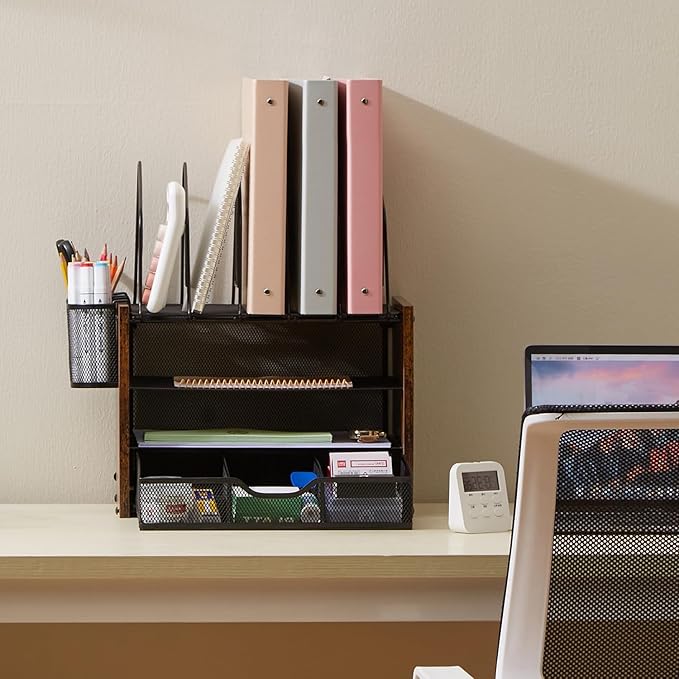 Y YOMA Wooden Desk Organizer, 4-Tier Mesh Desk Organizer - Image 8