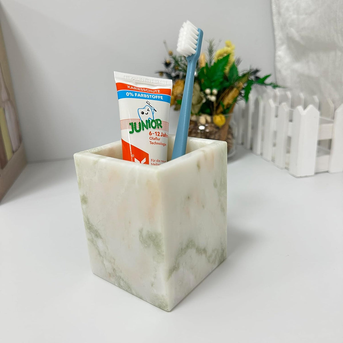Natural Marble Pen Holder, 2.95" x 3.74" Square Hand-Polished Desk ...