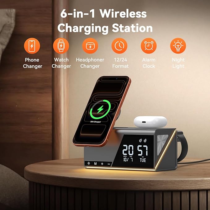 TobenONE 6-in-1 Alarm Clock Wireless Charging Station - Image 2