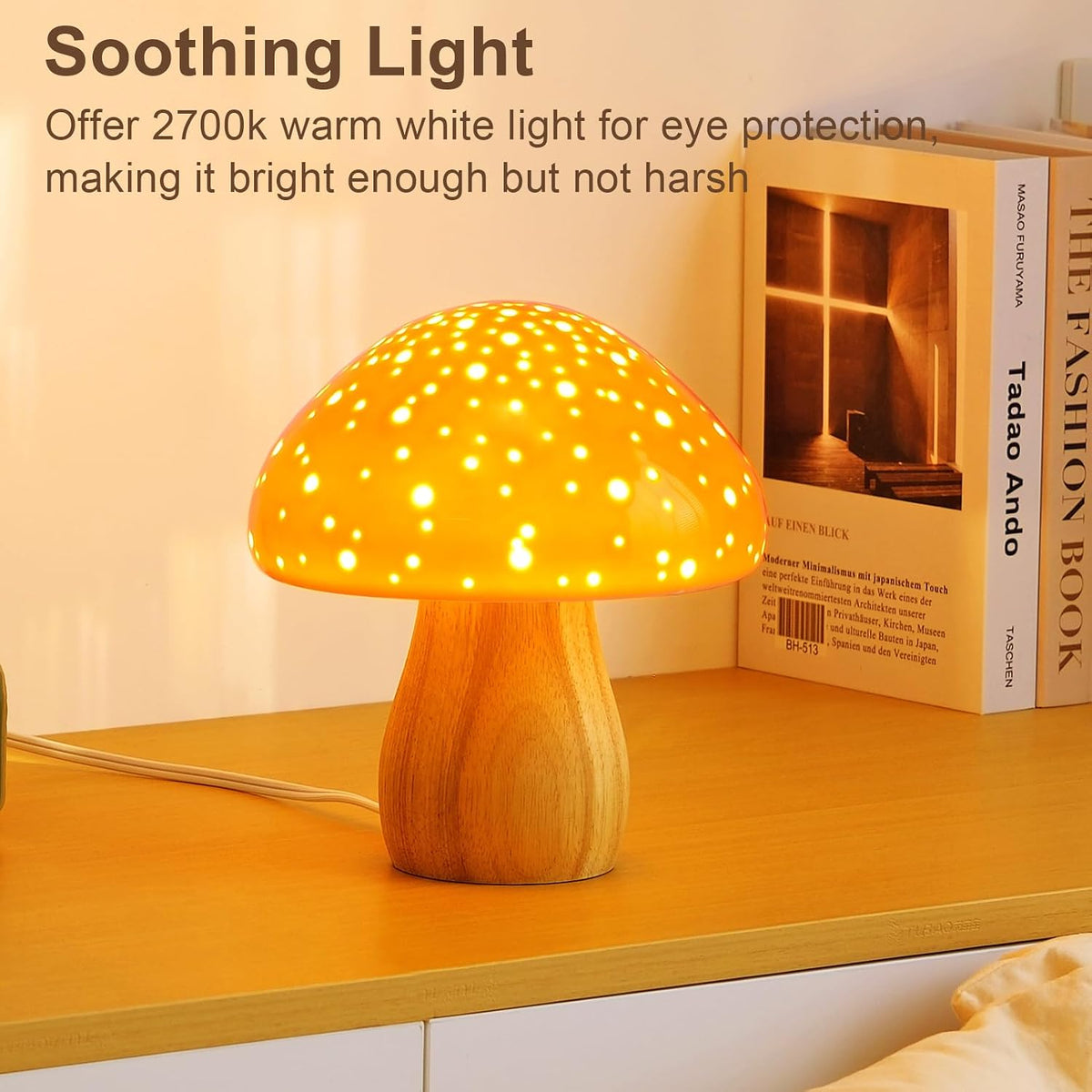 BOHON Mushroom Lamp Ceramic Bedside Table Lamp for Bedroom Orange
