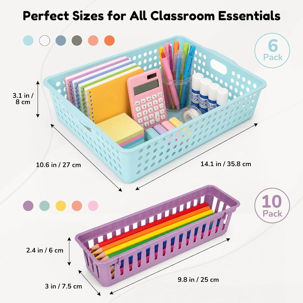 16-Piece Macaron Classroom Storage Set: 6 Paper Bins & 10 Pencil Trays
