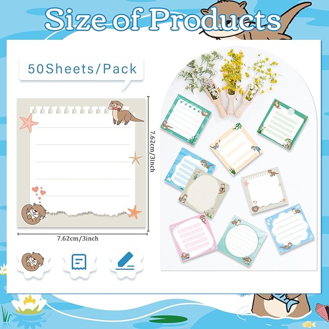 Lovarywow Otter Sticky Notes Gifts, 9 Pack Cute Sea Otter Notepads 3x3 Inch - Image 2