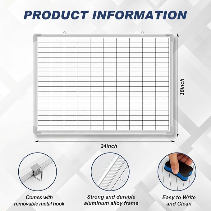 Lined Whiteboard Blank Grid Aluminum Frame Dry Erase Board Reusable Wall - Image 2