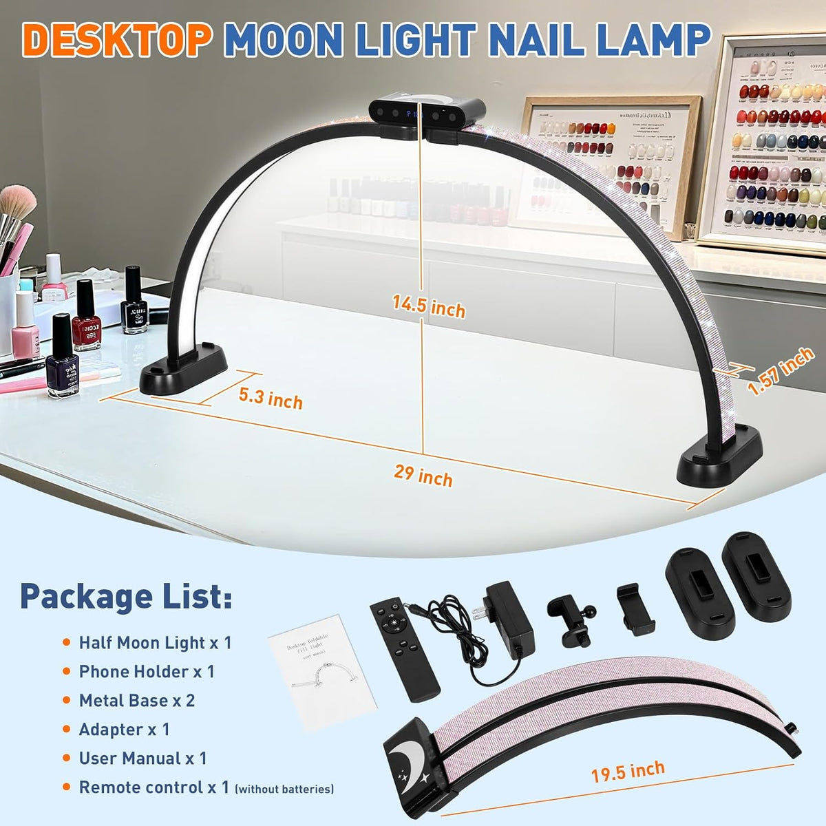 KIRKAS Half Moon Light for Nail Desk, 29in Foldable Nail Lamp for Desk