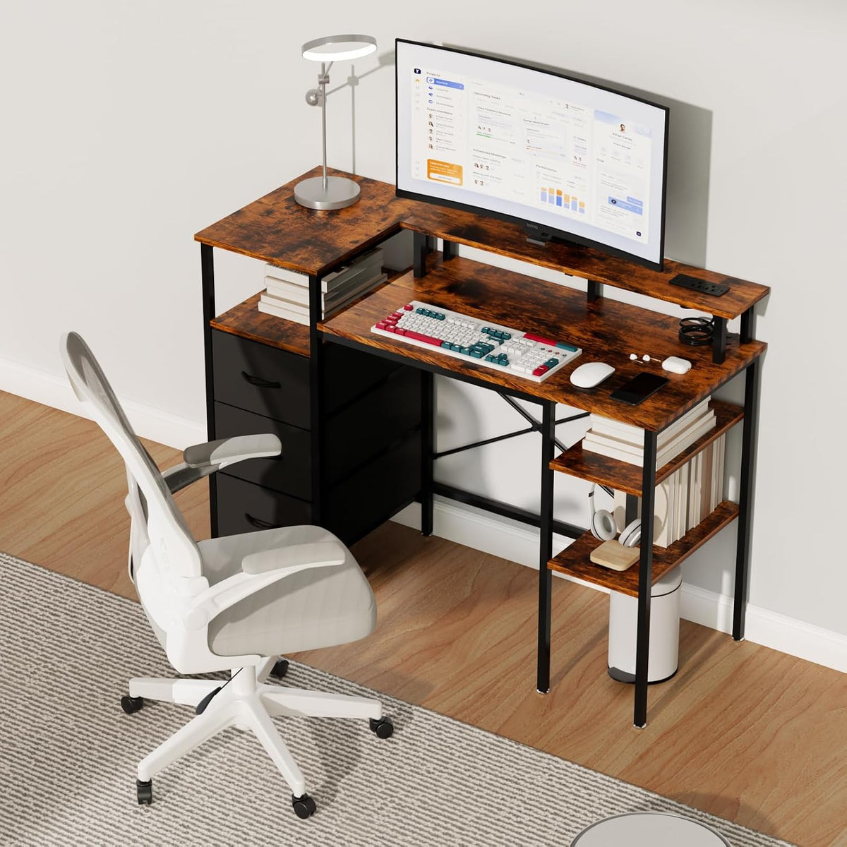 VINGLI 47" L-Shaped Gaming Desk, Fabric Drawers, Storage Shelves