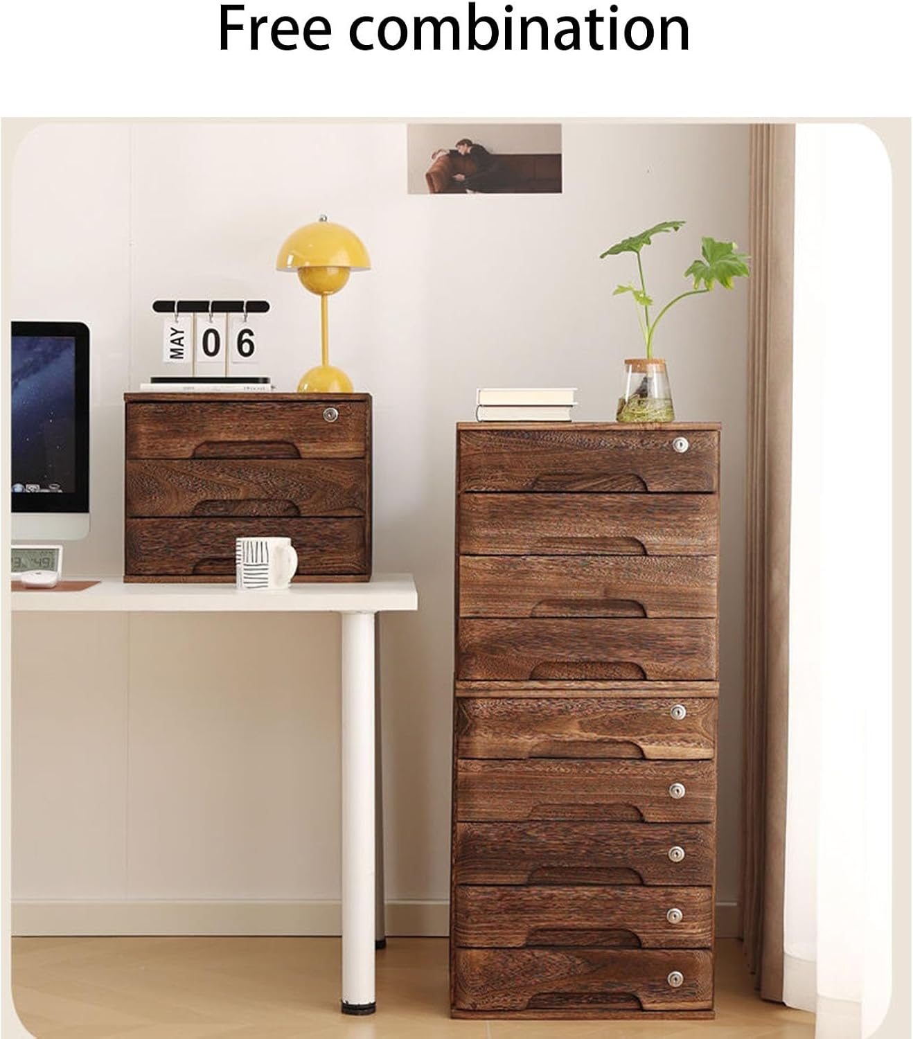 Solid Wood Desktop File Cabinet with Lock 3 Drawer Office Storage Box for nizing Documents Flat File,A-3 Layer