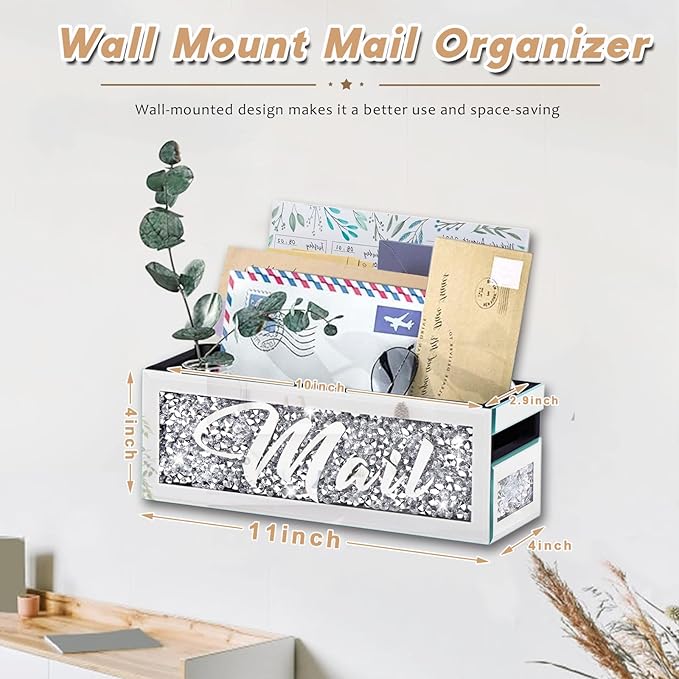 Crushed Diamond Mail Organizer, Crystal Mail Organizer Countertop, Mirror - Image 3