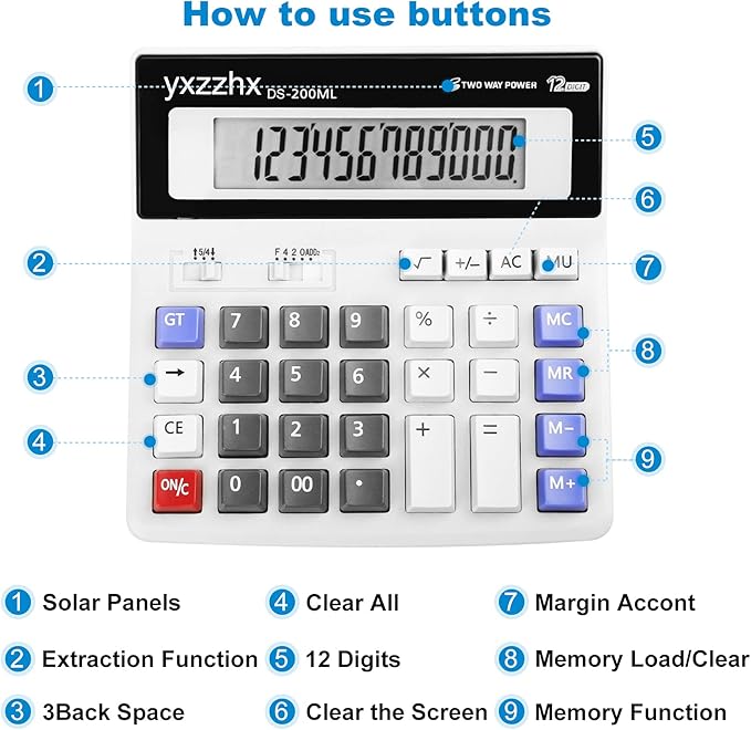 Desk Calculator 12 Digit Extra Large 4.3-Inch LCD Display, Two Way Power - Image 2