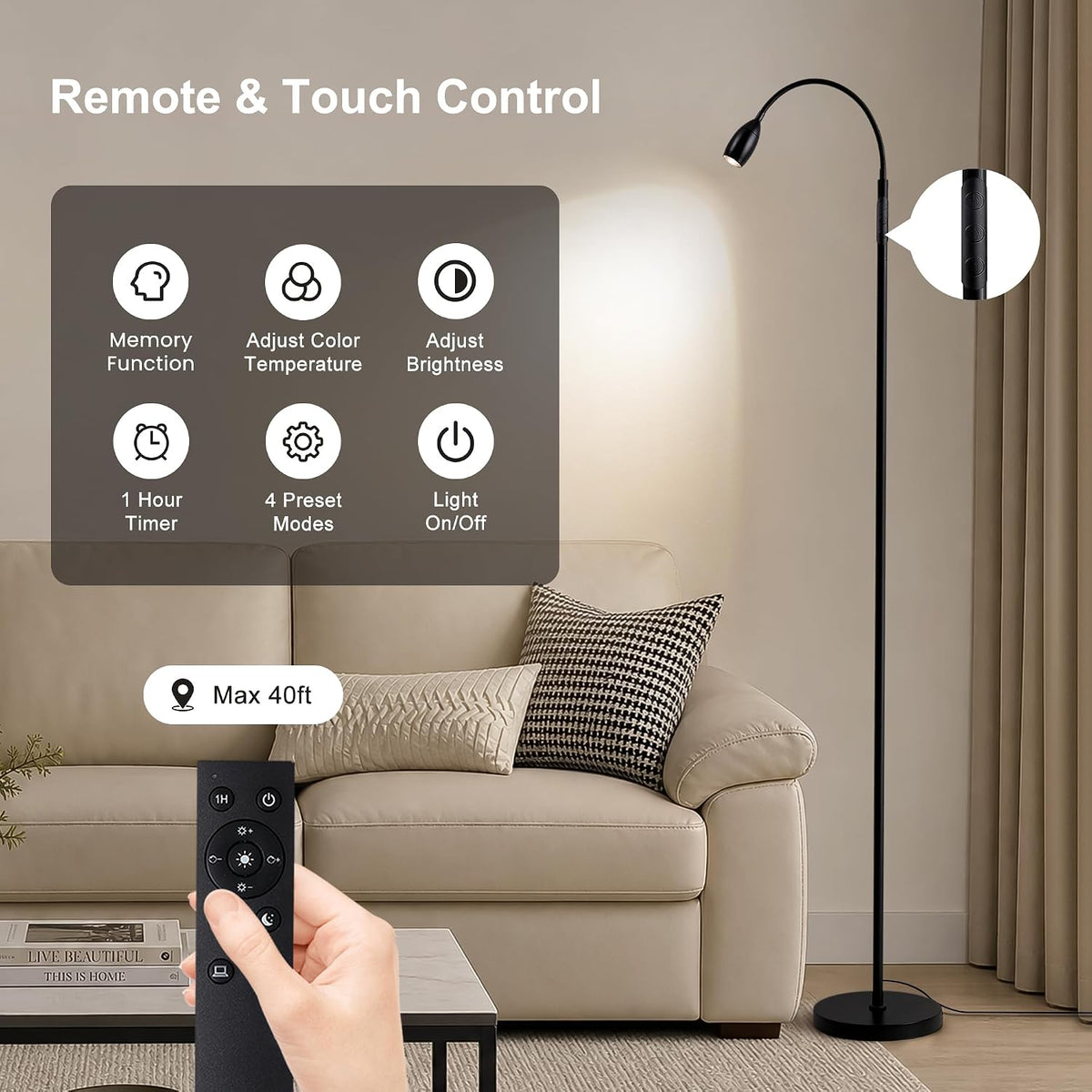 72" Reading Floor Lamp,Gooseneck LED Lamp with Zoomable Spotlight,Black