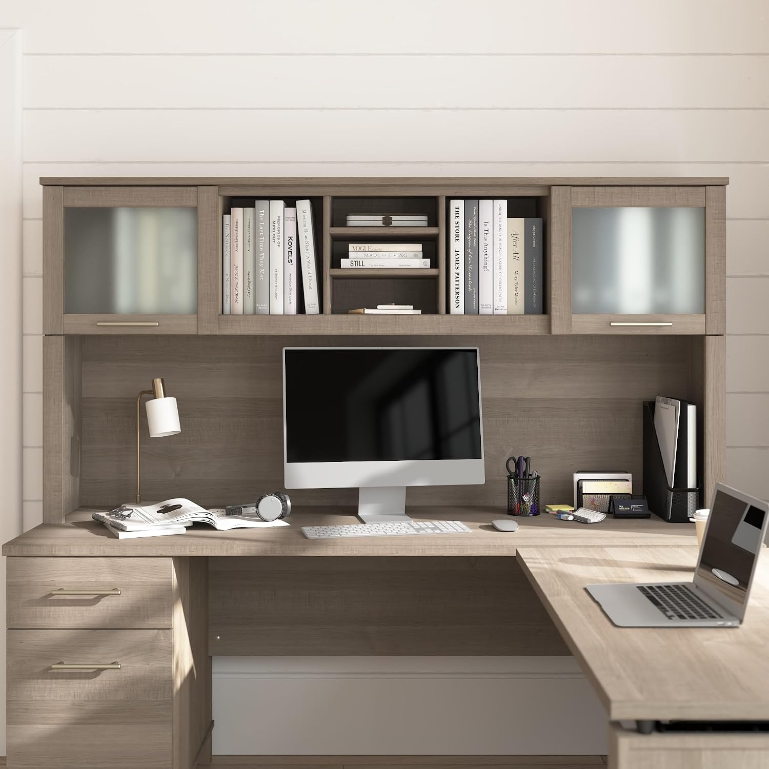 Bush Home 72-Inch Desk Hutch, Office Storage Organizer with Shelves, Cubbies and Frosted Glass Doors for Computer Desk, Home Office Furniture, Somerset Collection, Ash Gray