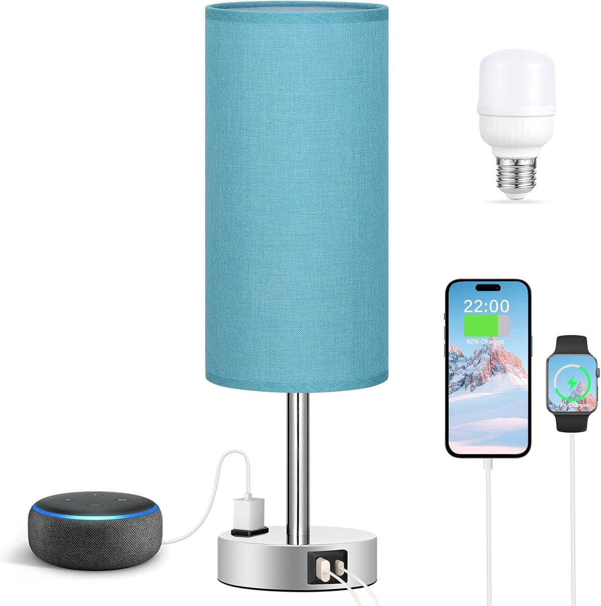 Fenmzee Light Beige Bedside Table Lamp, Dimmable Touch, USB A+C, AC Outlet