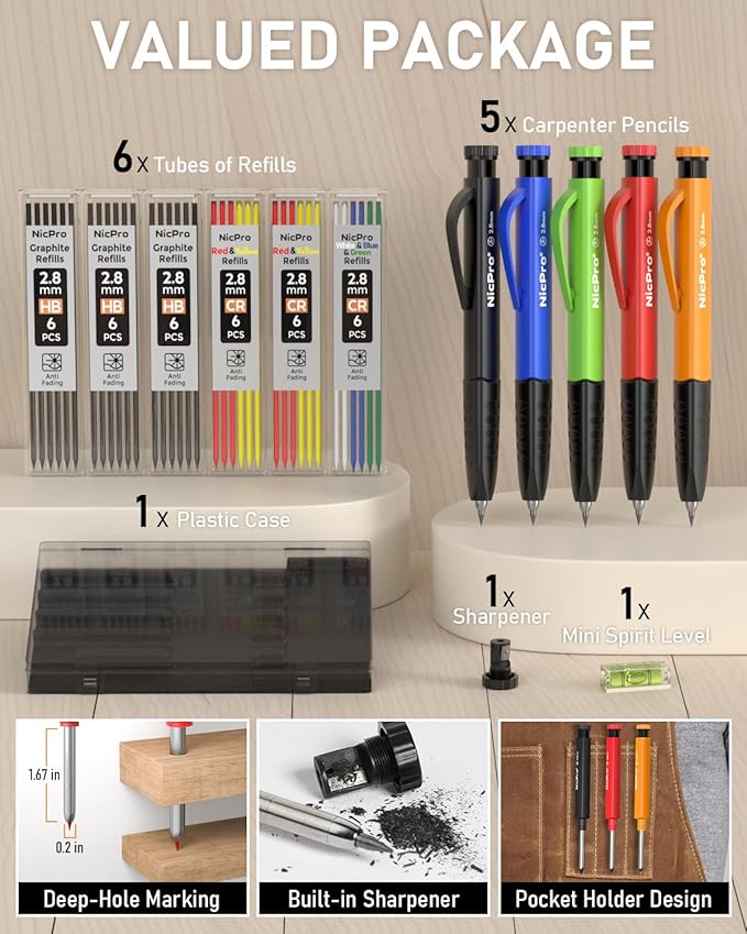 Nicpro 5 Pack Mechanical Carpenter Pencil Set - Image 2