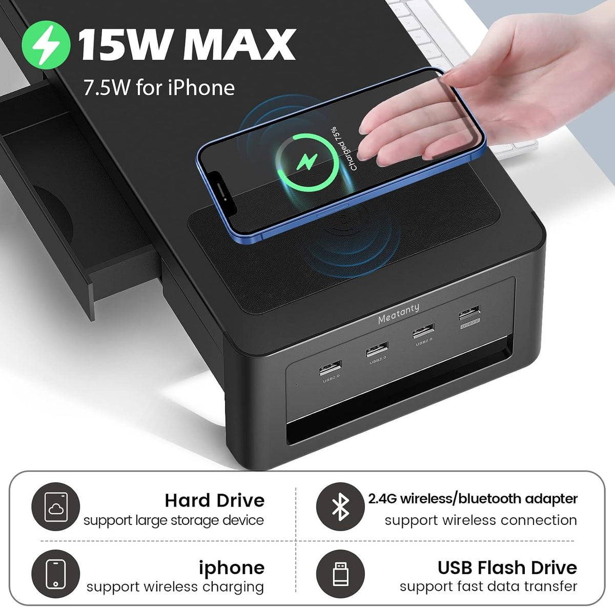 meatanty 3 In 1 Monitor Stand Riser with 2 Drawers,1 Wireless Charging Module...