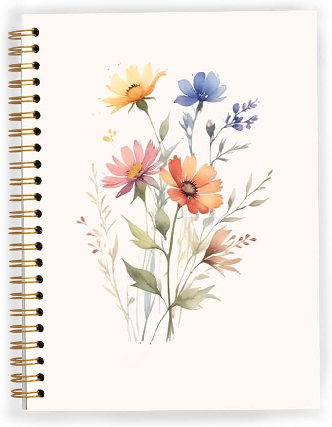 JWVK Vintage Wildflower Spiral Notebook, Rustic Cottagecore Floral Notebooks by JWVK