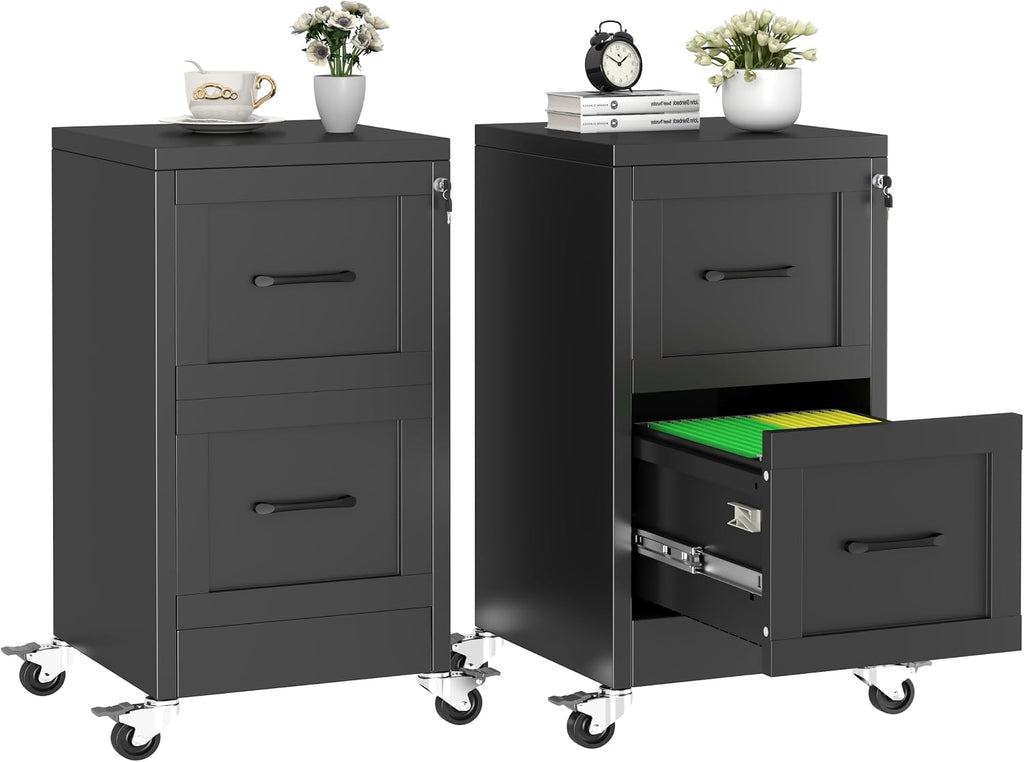 2 drawer rolling metal file cabinet with lock,narrow, main product view
