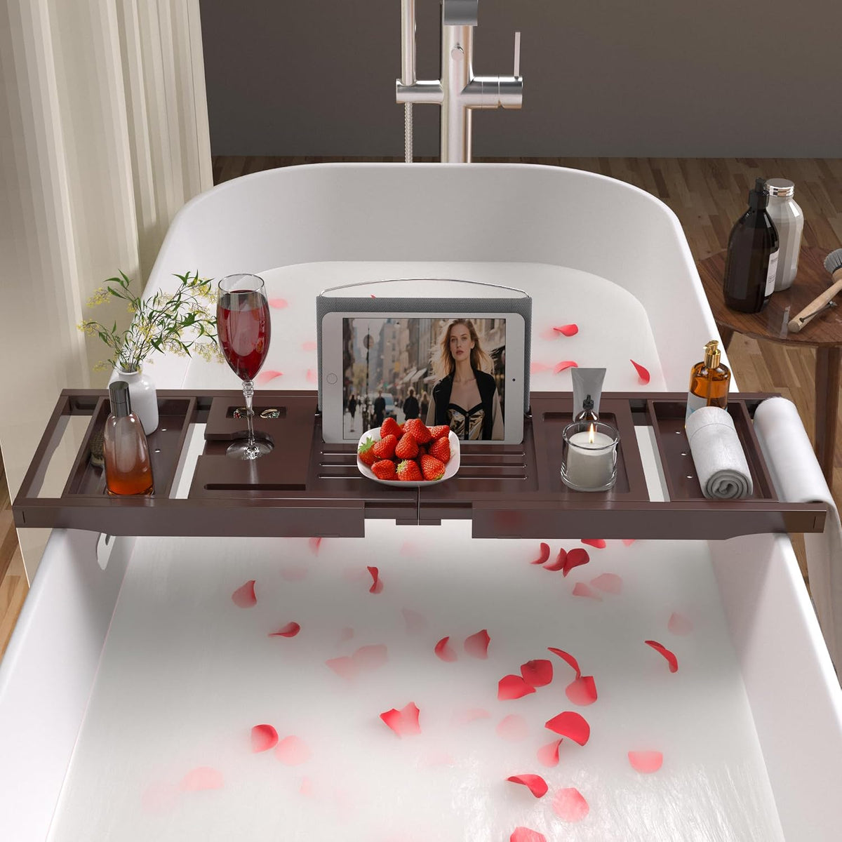 Bathtub Tray Caddy, Expandable Bamboo Bath Tray for Tub