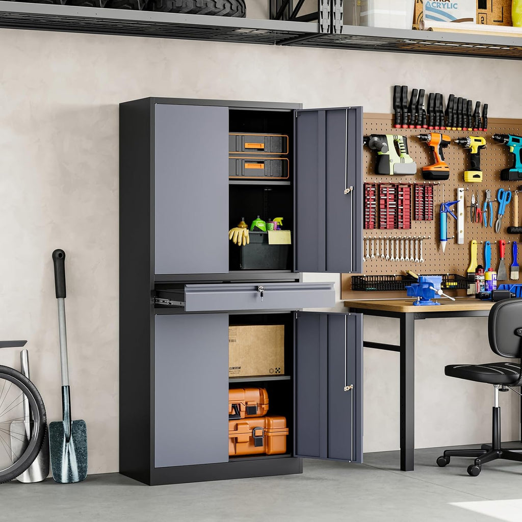 yizosh metal garage storage cabinet with locking doors, package contents