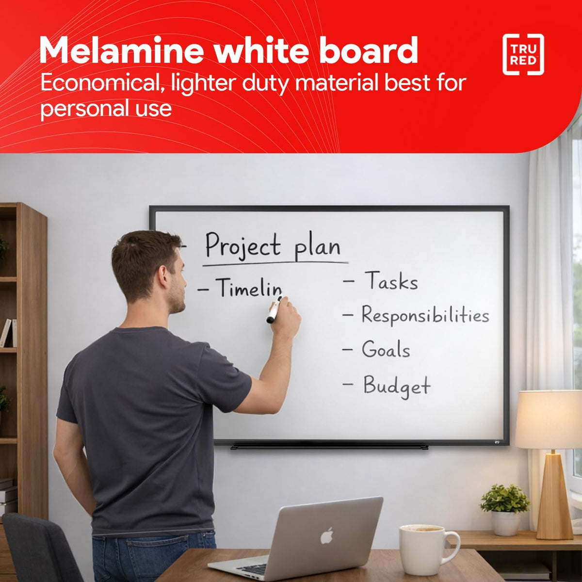 TRU RED Melamine Whiteboard, 3 ft x 2 ft, Black Aluminum Frame