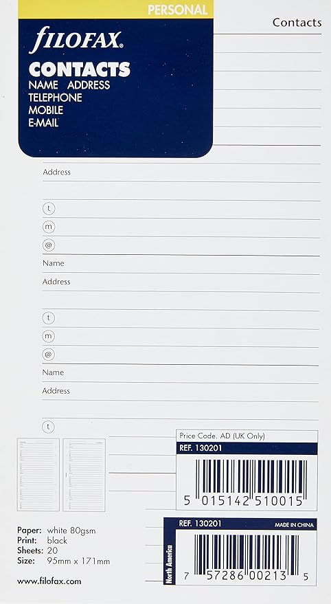 FILOFAX Name/Address/Telephone Refill by Filofax