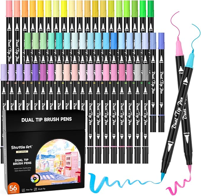 Shuttle Art Pastel Brush Pens, 56 Pastel Colouring Pens, Dual Tip Brush Markers by ShuttleArt