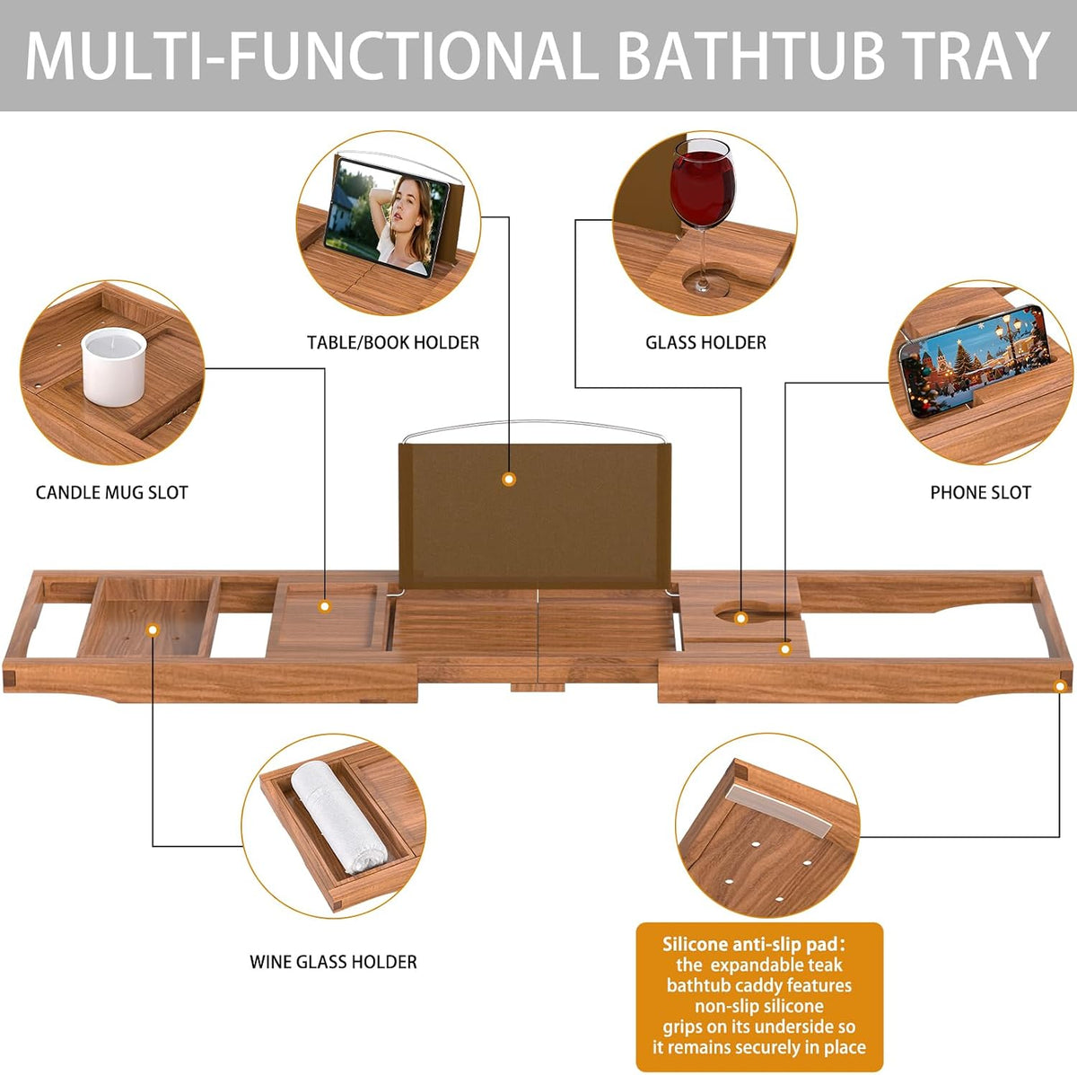 Bathtub Tray Caddy, Expandable Teak Wood Bath Tray for Tub