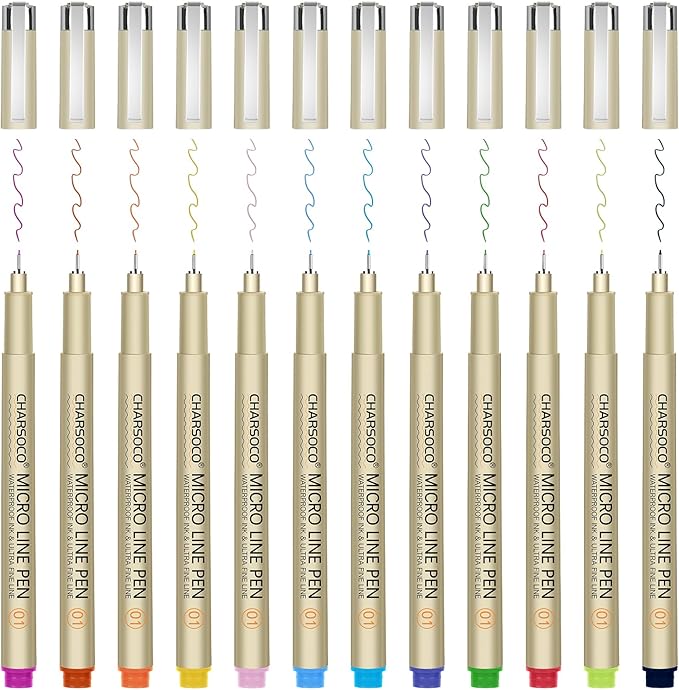 CHARSOCO 01 Micro Pen, 12 Colors Fine Point Pen, 0.25mm Fineliner Ink Pens by CHARSOCO