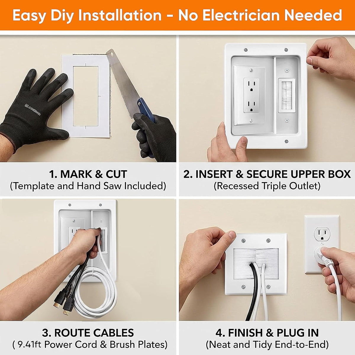 in Wall Cable Management Kit, TV Cable Hider Wall Kit with Recessed Outlet