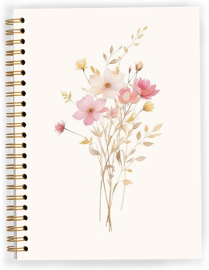 JWVK Pink Floral Spiral Notebook, Cottagecore Wildflower Notebooks by JWVK