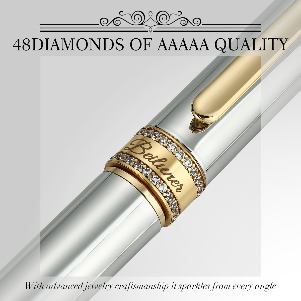 BEILUNER Silver Chrome Rollerball Pen, Diamond-Studded Cap Design, 24K Gold T...