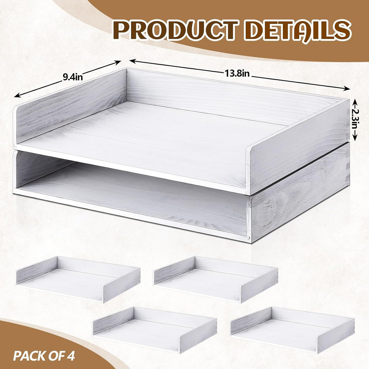 Yeaqee 4 Pcs Stackable Organizer Tray Wood Desk Organizer, Vintage White