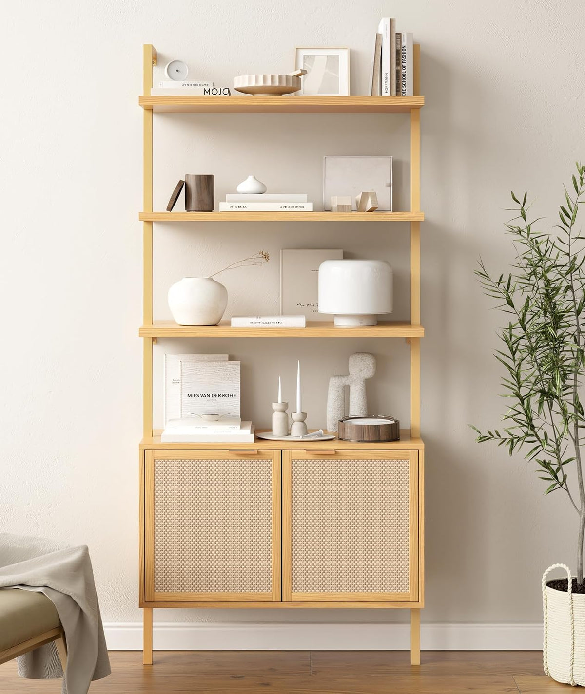 71in Rattan Ladder Bookshelf - 31.5in Wide Book Shelf with Storage, 6-Tier Bo...