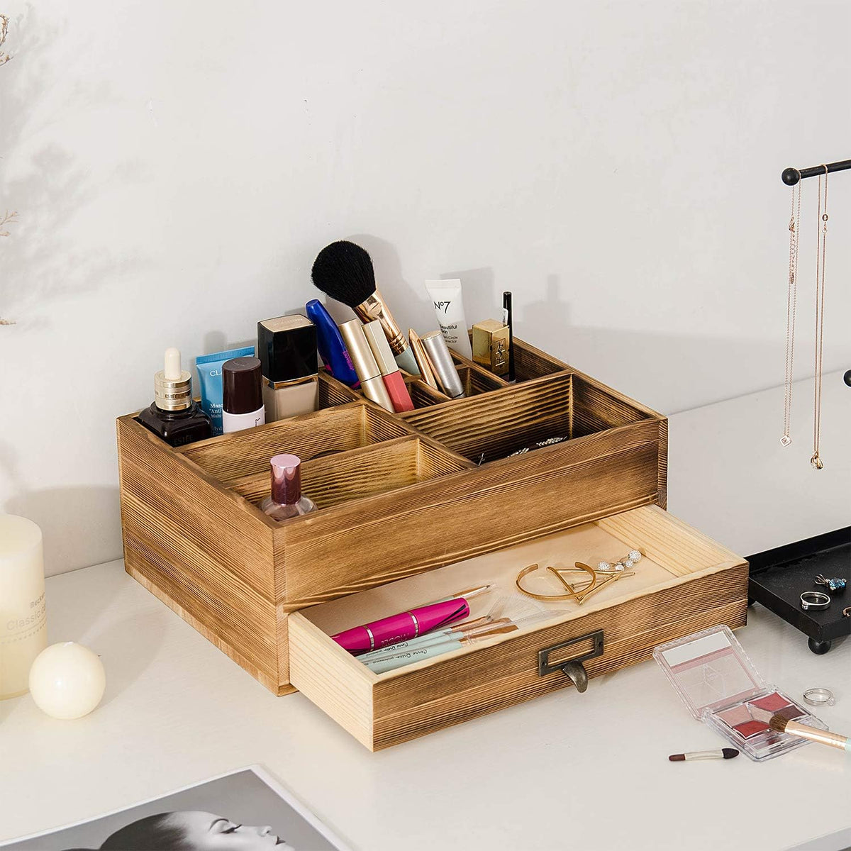 Rustic Wooden Organizer Cosmetic Storage Cabinet Makeup Display Box Office Su...